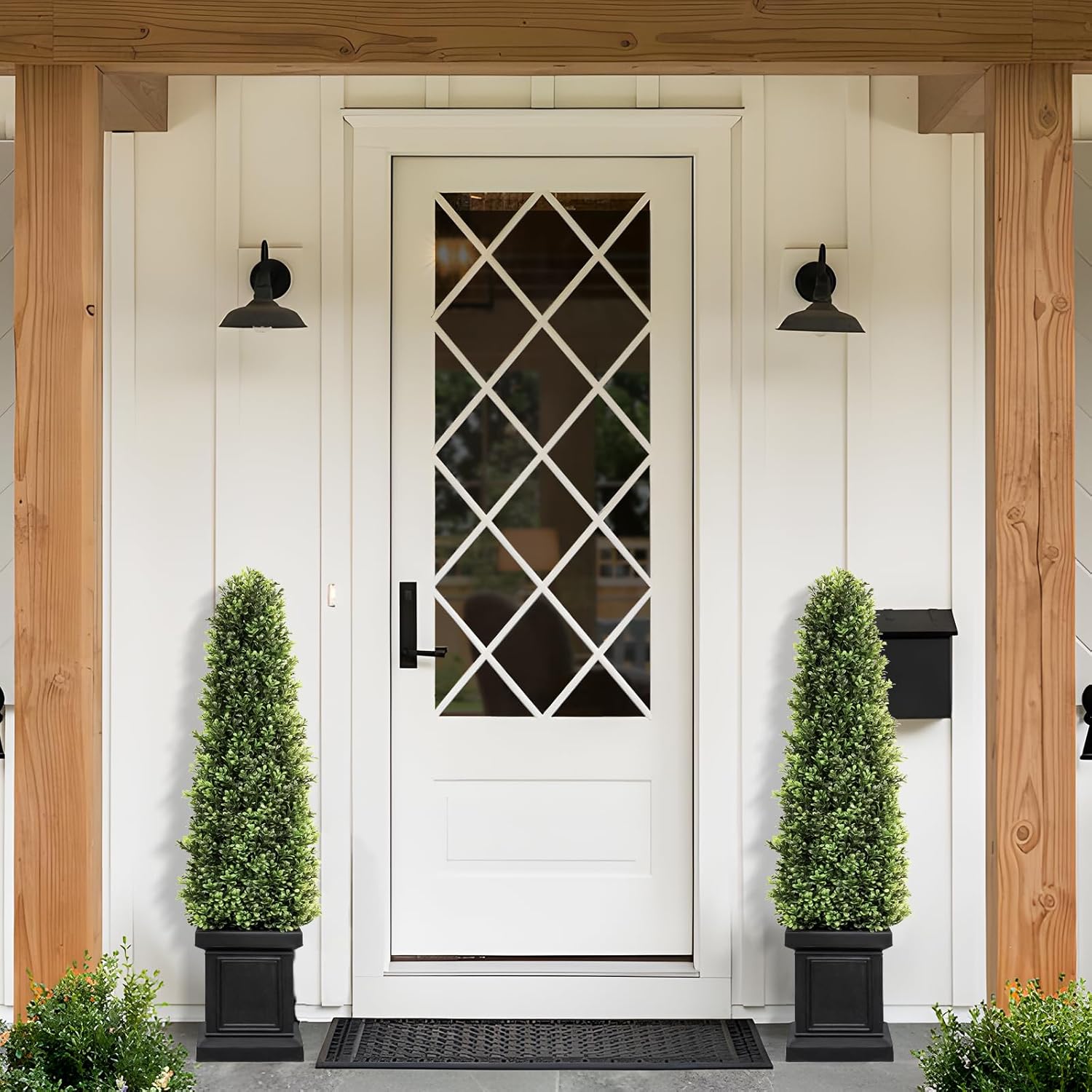 3.5ft Boxwood Outdoor Topiary Set of 2, Tall All Year Green Fake Plant Topiary Trees Artificial Outdoor Porch Trees with Sturdy Pot for Outdoor Indoor (Square)