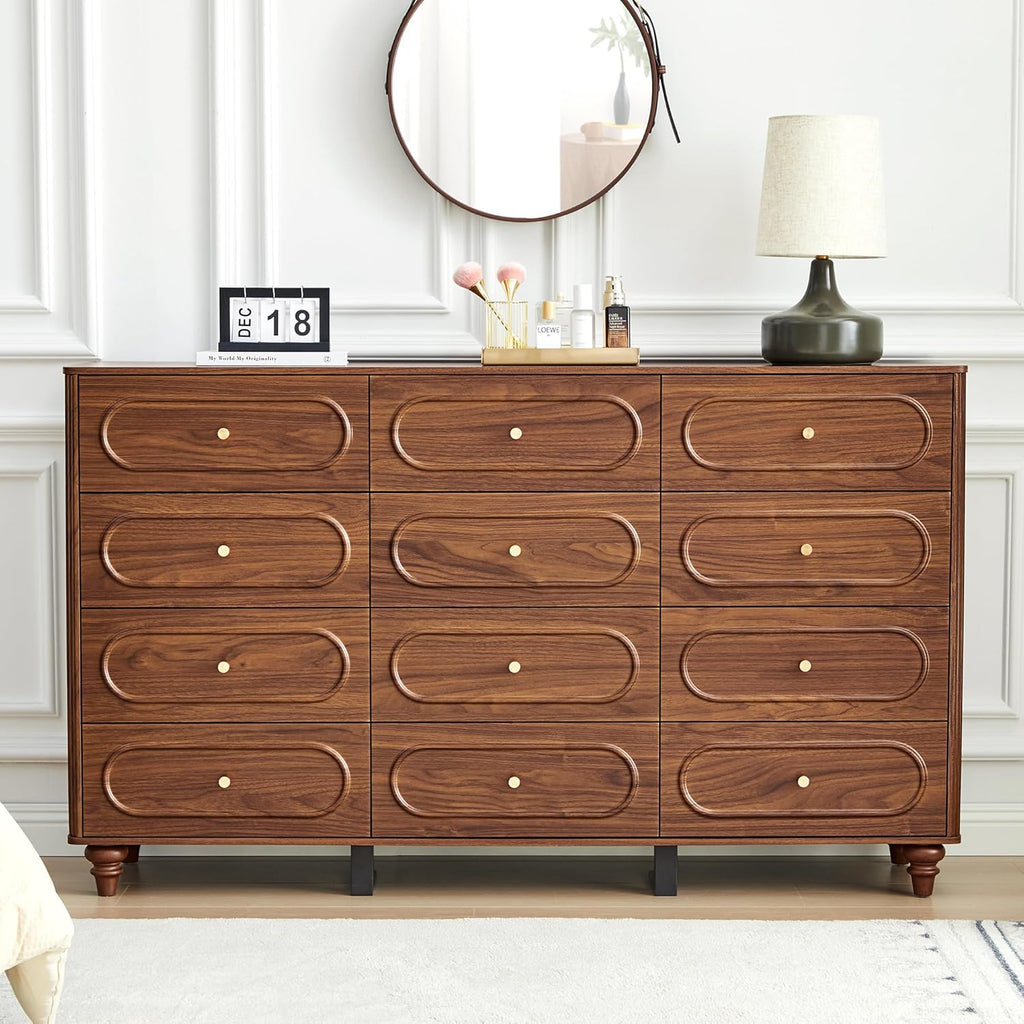 ORRD 12 Drawer Fluted Dresser for Bedroom, Mid Century Modern Chest of Drawers, Wood Storage Small Dresser Organizer for Bedroom Living Room Hallway Closet, Walnut