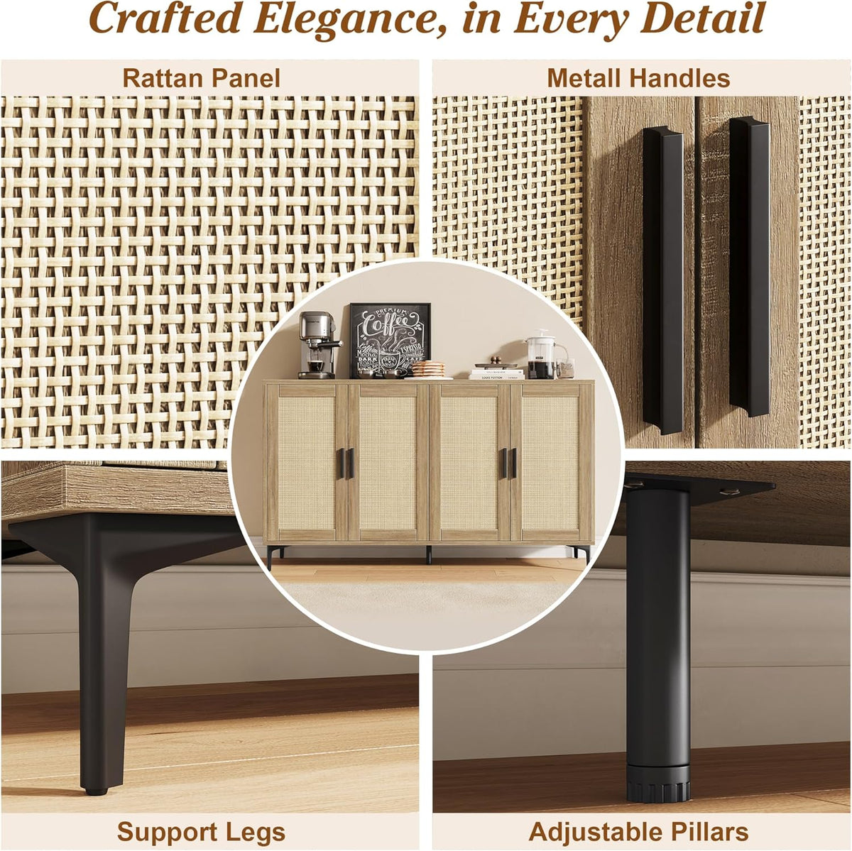 JASIWAY Buffet Cabinet with Storage, 48" Rattan Sideboard with Adjustable Shelves, Modern Coffee Bar Cabinet Console Table with Doors, Credenza for Kitchen, Living Room, Entryway, Dining Room, Wood