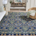 SAFAVIEH Blossom Collection Area Rug - 9' x 12', Navy & Green, Handmade Boho Fringe Wool, Ideal for High Traffic Areas in Living Room, Bedroom (BLM422A)