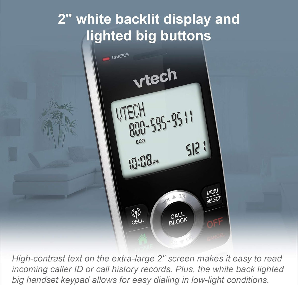 VTech VS113-5 Extended Range 5 Handset Cordless Phone for Home with Call Blocking, Connect to Cell Bluetooth, 2" Backlit Screen, Big Buttons, and Answering System, Silver & Black