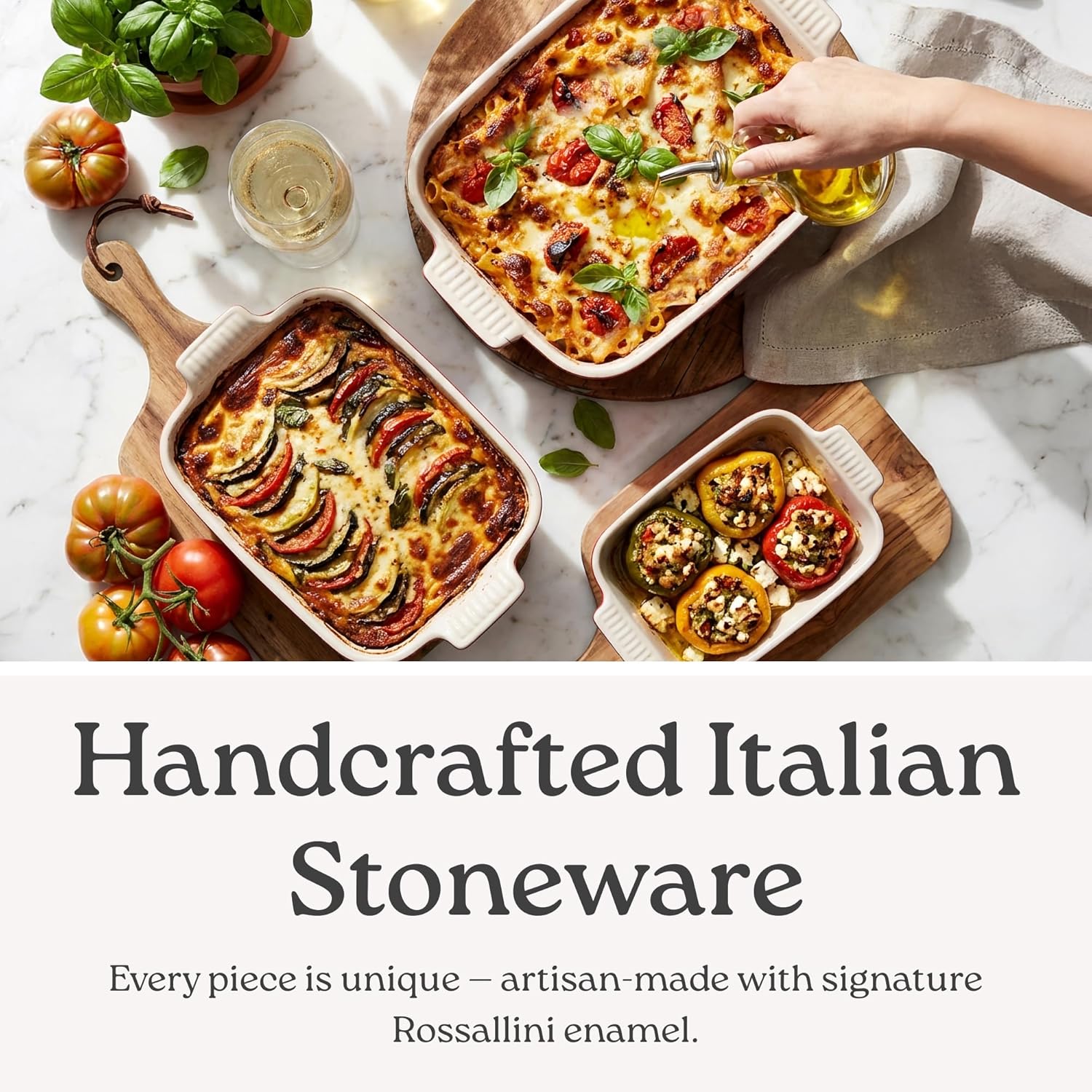 ROSSALLINI Stoneware Casserole Dish Bakeware Set of 3 | Rectangular Dinnerware Set with Handles Passion Red