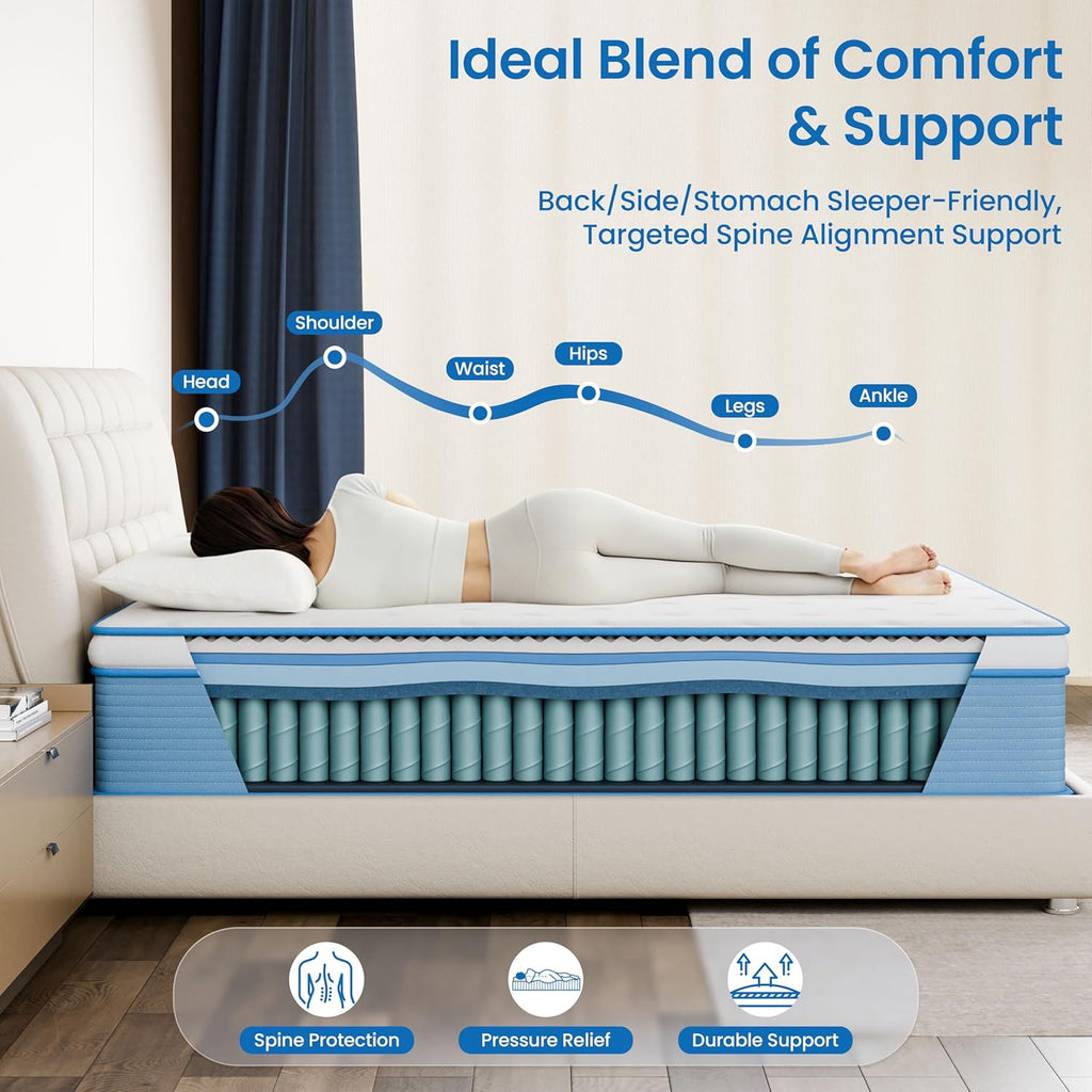 12 Inch Queen Hybrid Mattress in a Box - Memory Foam & Pocket Springs, Medium Firm, Motion Isolation Technology, Cooling Breathable Design, Pressure Relief, Edge Support