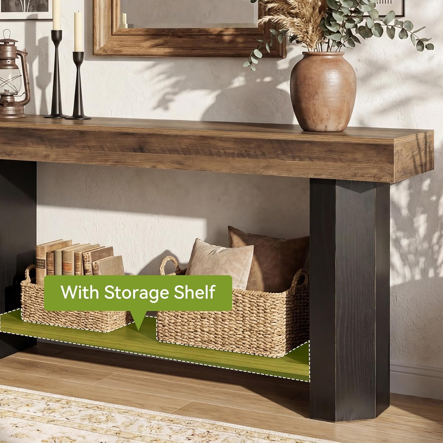 LITTLE TREE 63 in Console Table, 2 Tier Sofa Table Behind Couch, Long Console Sofa Tables for Living Room, Industrial Hallway Foyer Table for Entryway, Rustic Brown & Black