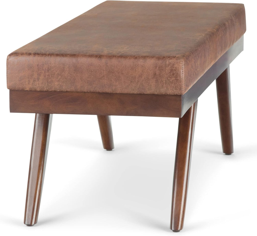 SIMPLIHOME Chanelle Ottoman Bench - 48 inch Wide Upholstered Vegan Leather Rectangle Ottoman in Distressed Umber Brown, Mid Century Modern Bench for Bedroom with Flared Tapered Legs, Assembled