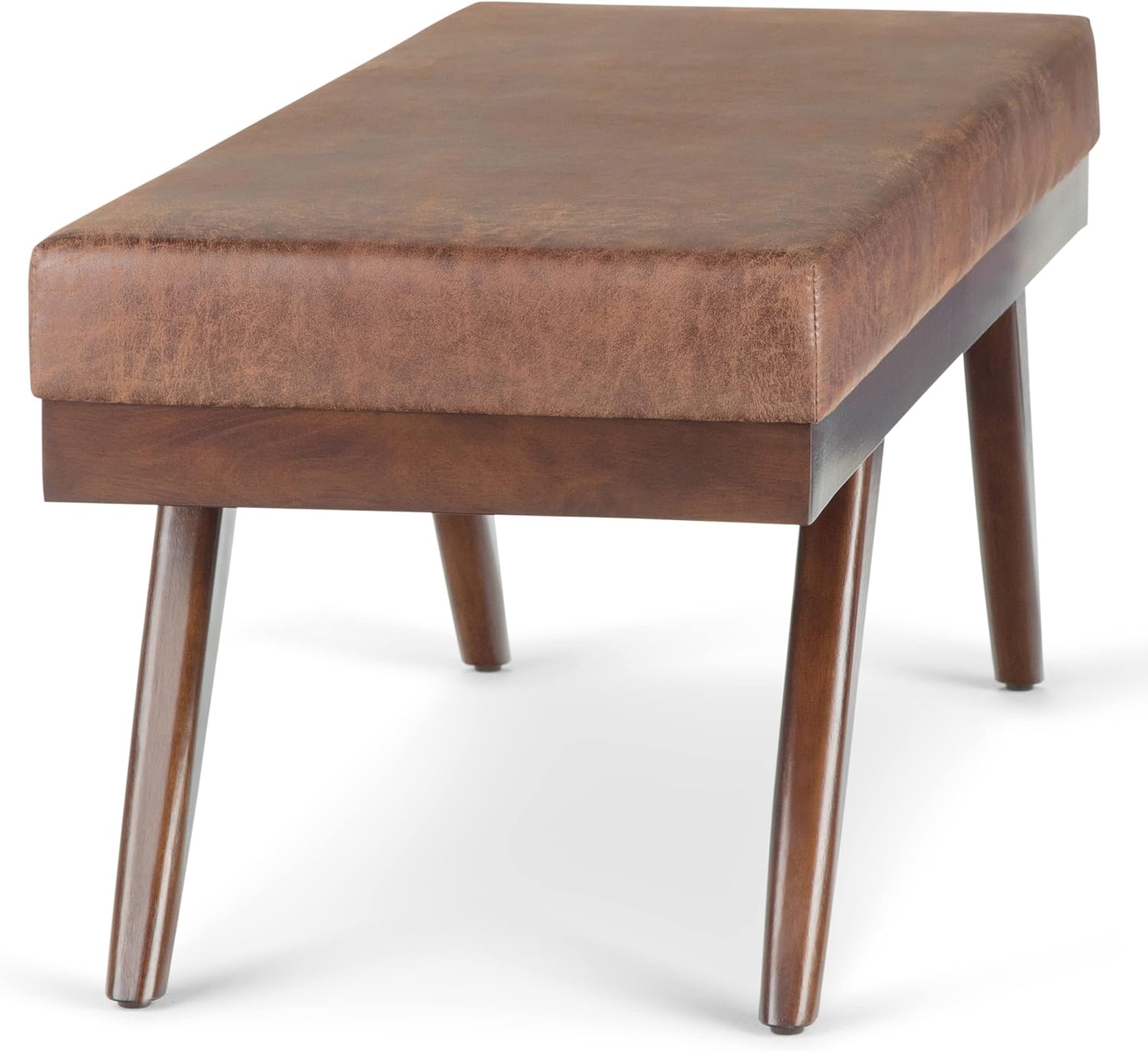 SIMPLIHOME Chanelle Ottoman Bench - 48 inch Wide Upholstered Vegan Leather Rectangle Ottoman in Distressed Umber Brown, Mid Century Modern Bench for Bedroom with Flared Tapered Legs, Assembled
