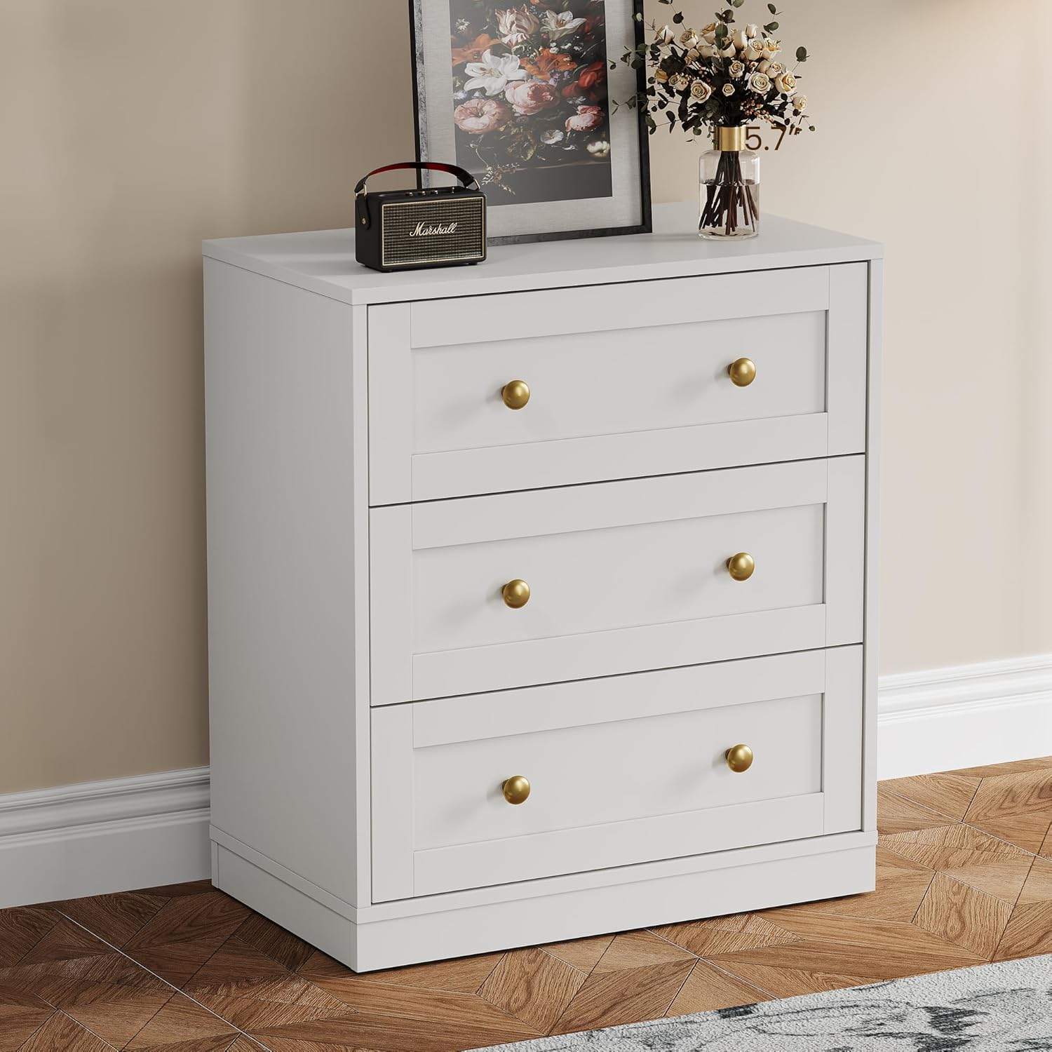 RoyalCraft White Nightstand with 3 Drawers Storage, Large Wood Night Stand for Bedroom, Modern Bedside Table, End Table for Hallway, Closet