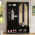 Farmhouse Widen Hall Tree with 4 Rattan Doors, Versatile 4-in-1 Seating Bench with 6 Hooks, Mid-Century Entryway Shoe Cabinet with Adjustable Shelf for Living Room (Black#55)