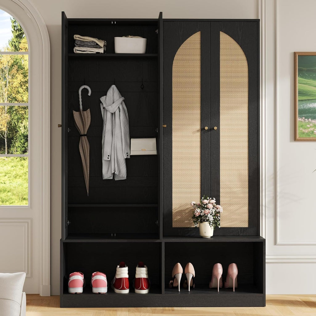 Farmhouse Widen Hall Tree with 4 Rattan Doors, Versatile 4-in-1 Coat Hanger with 6 Hooks, Mid-Century Entryway Shoe Cabinet with Adjustable Shelf for Living Room Hallway (Black-W)