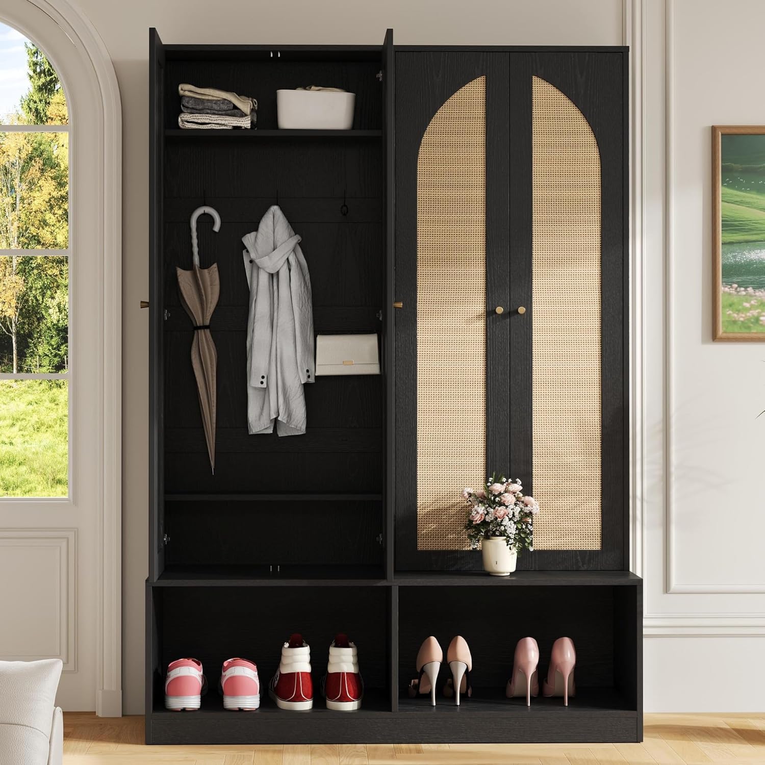 Farmhouse Widen Hall Tree with 4 Rattan Doors, Versatile 4-in-1 Coat Hanger with 6 Hooks, Mid-Century Entryway Shoe Cabinet with Adjustable Shelf for Living Room Hallway (Black-W)