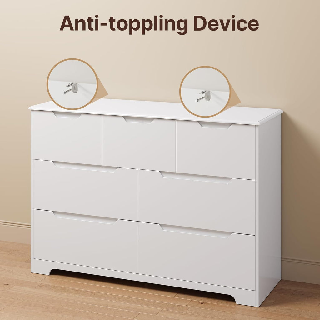 Gizoon 7 Drawer Dresser, 48" Wide White Dresser for Bedroom, Chest of Drawers with Handle Free Design, Modern Storage Organizer for Living Room, Kids Room, Entryway, Hallway, White