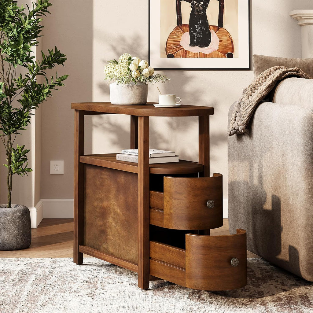 LITTLE TREE Solid Wood End Table with 2 Drawers & Open Shelf, No Assembly Required Side Table for Living Room, Vintage Brown Couch Side Tables, Slim Bedside Table Nightstand for Bedroom
