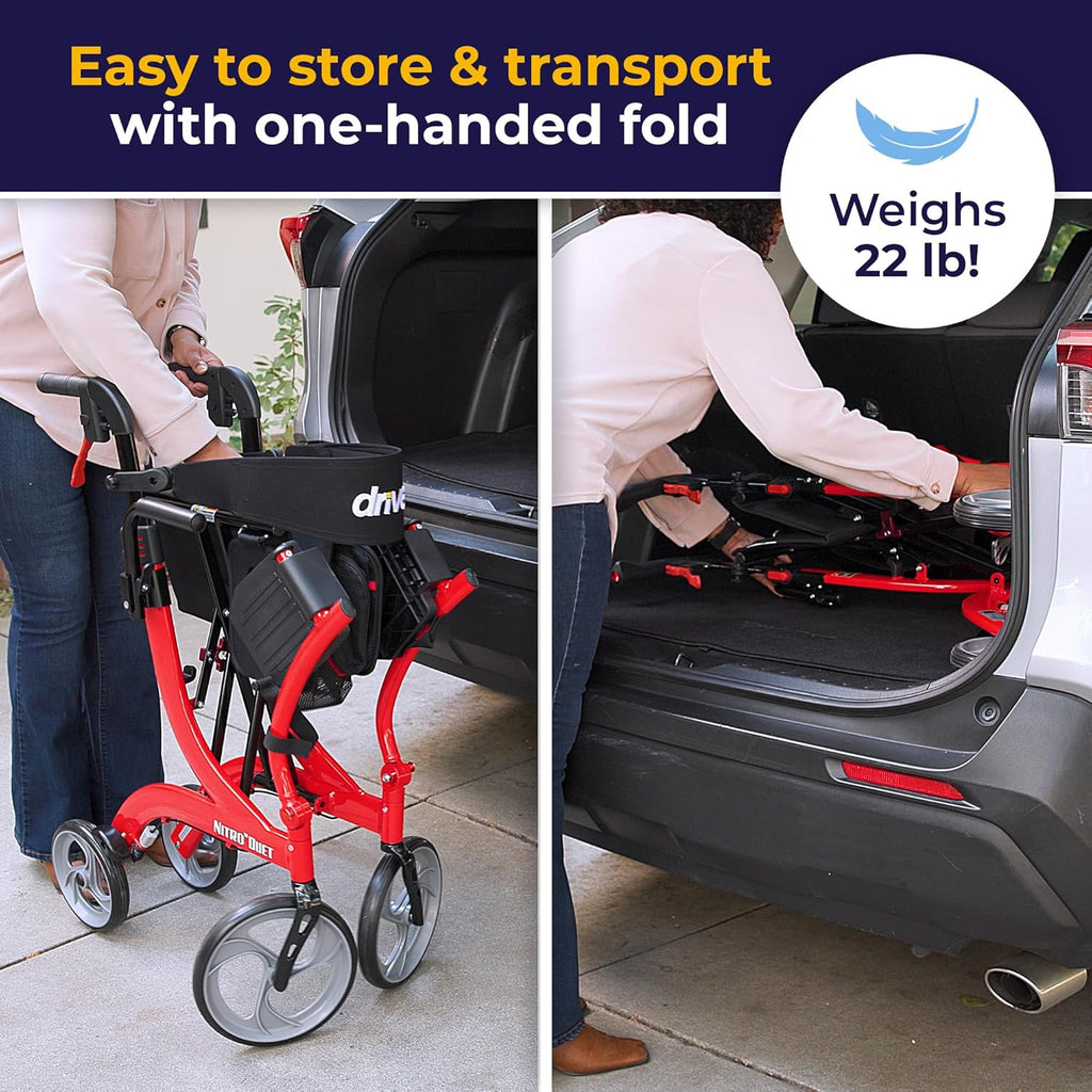 Drive Medical Nitro Duet Dual Function Foldable Rollator Walker & Transport Wheelchair for Seniors & Adults - Hand Activated Brakes & Back Support - Large Front Wheels - Red
