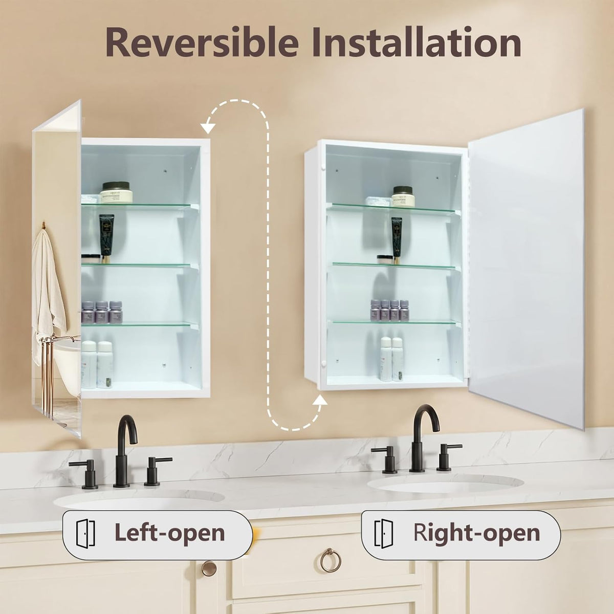 22”x30'' Frameless Beveled Mirror Medicine Cabinet, Removeable Shelf,Surface/Recessed Mount,Bathroom Cabinet with Storage