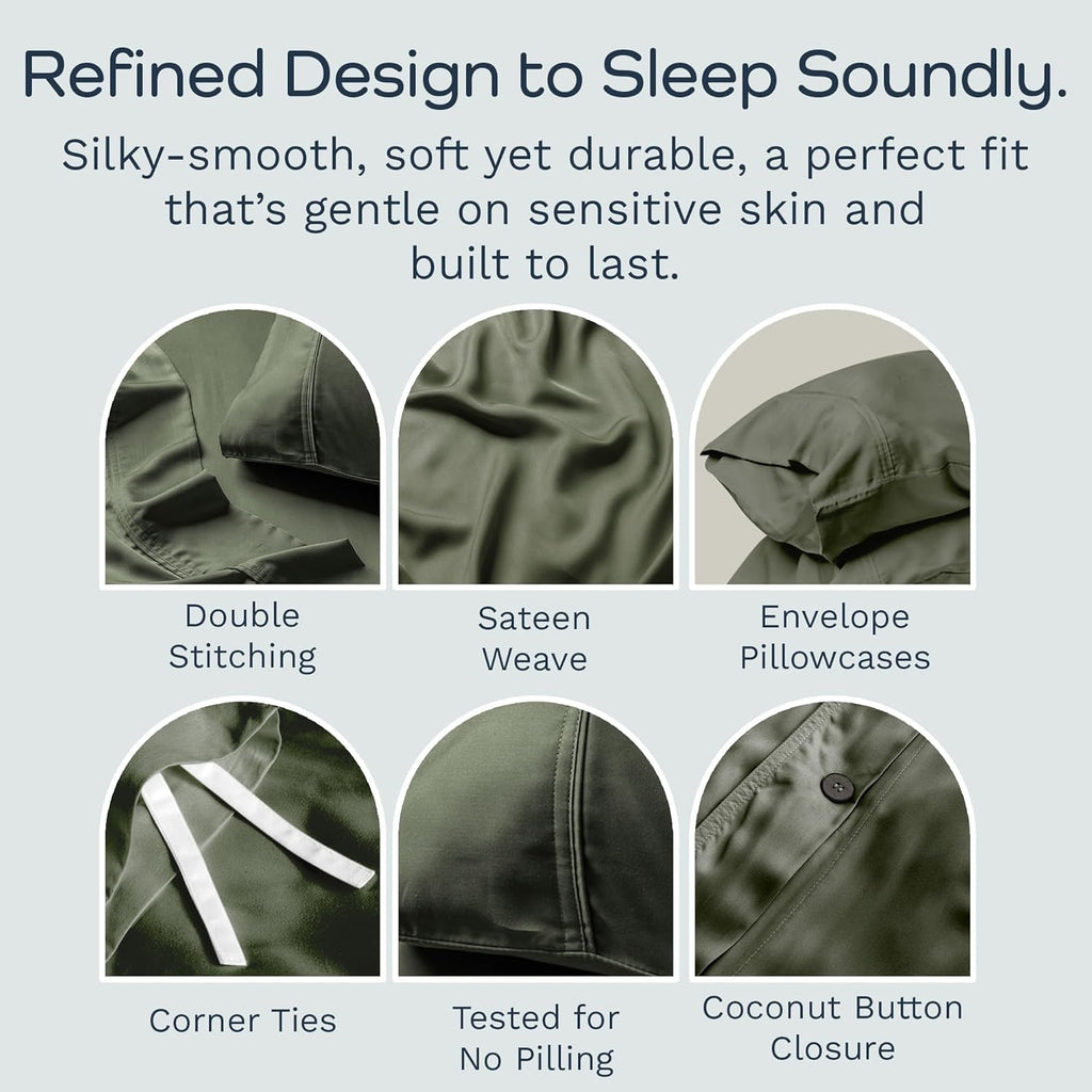 Olive + Crate Queen Size Tencel Duvet Cover Set - Hypoallergenic, Cooling Eucalyptus Duvet Cover for Hot Sleepers with Two Pillowcases - Moss 3-Piece