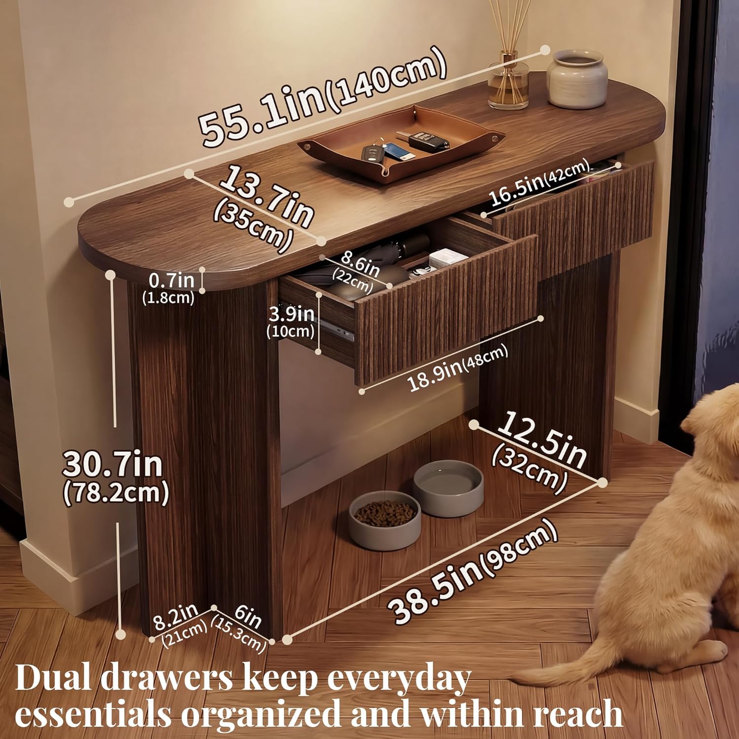 55 Inch Fluted Console Table with Drawers, Entryway Table with Storage, Modern Rounded Hallway Tables for Narrow Spaces（Brown）