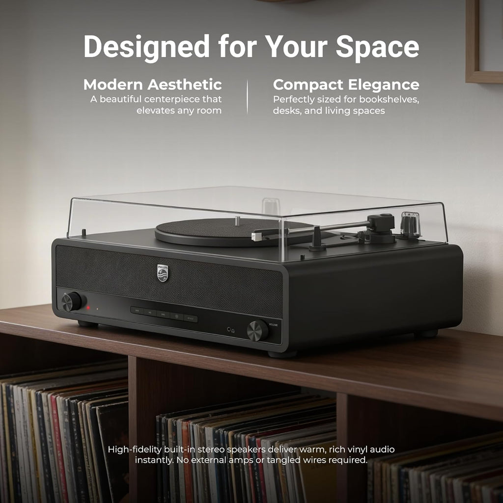 Philips Record Player, All-in-One Bluetooth Turntable with Built-in Speakers, 3-Speed Belt-Drive Vinyl Record Player, Audio-Technica Stylus, Wireless Streaming in & Out, RCA/AUX/Headphone, Auto-Stop