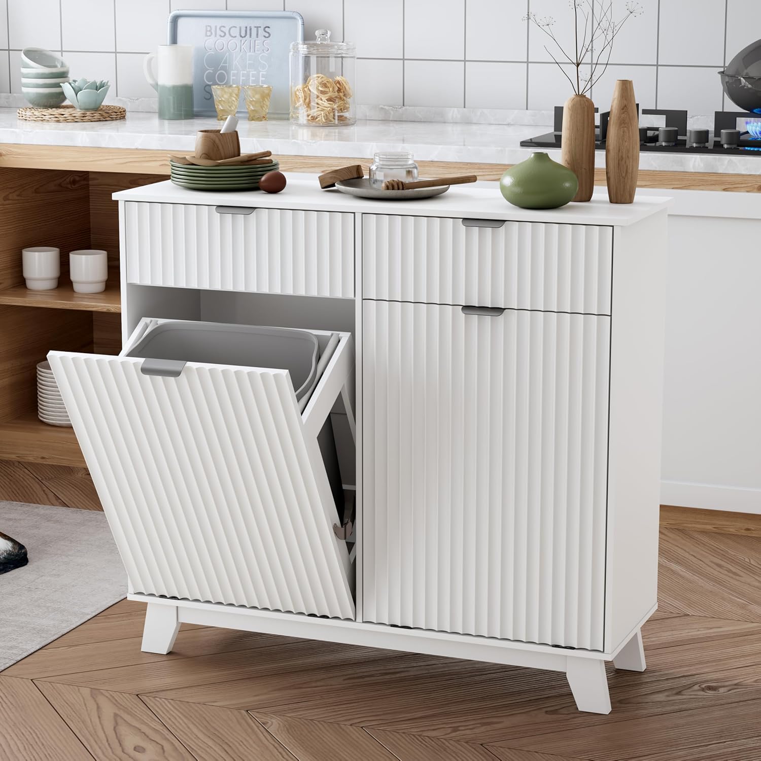 Double Tilt Out Laundry Hamper Cabinet, 20 Gallon Wooden Trash Can Cabinet with Drawers, Hidden Fluted Bathroom Storage Cabinet for Kitchen, Living Room (White, 39.34" W x 35.83" H x 13" D)