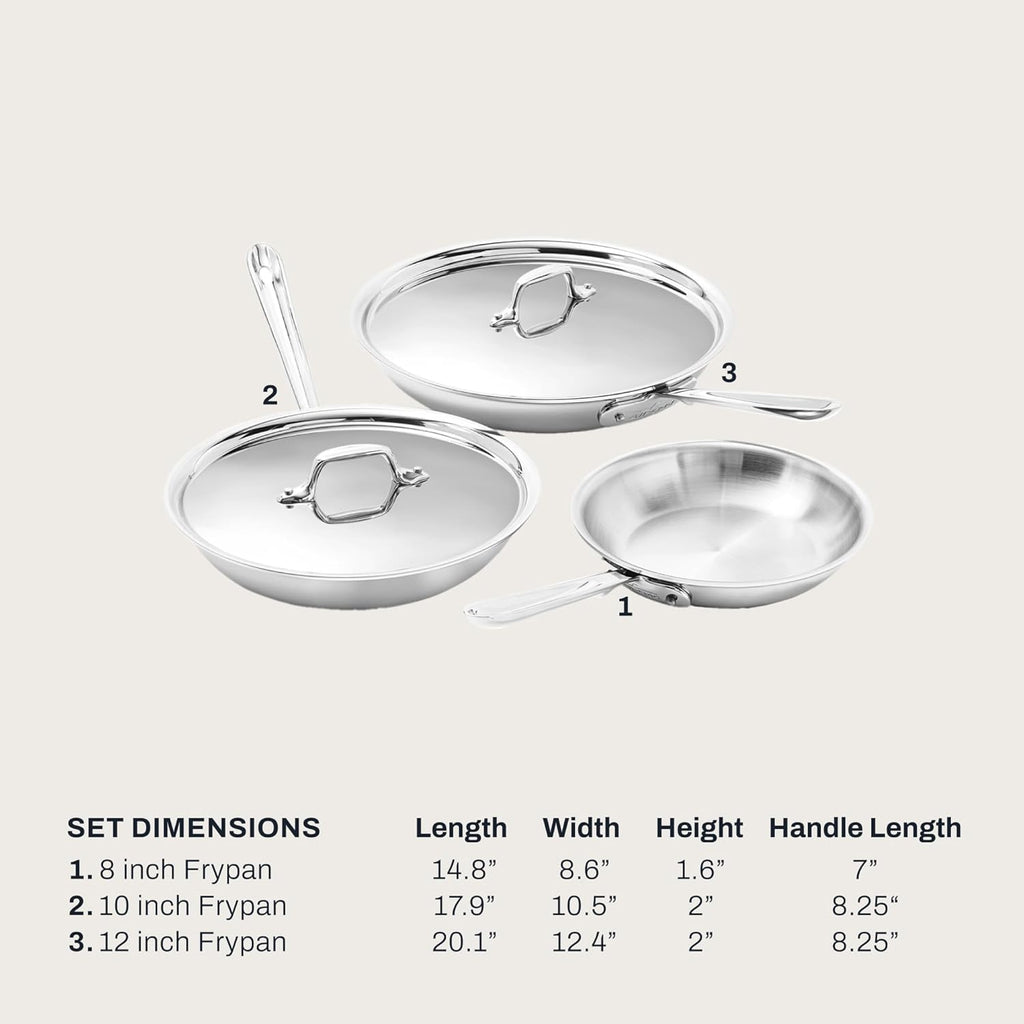 All-Clad D3® Stainless Steel 5 Piece Frypan Set- Made in USA- Includes 8", 10" and 12" Frying Pans With Lid - Professional Grade -Oven Safe & Induction Compatible