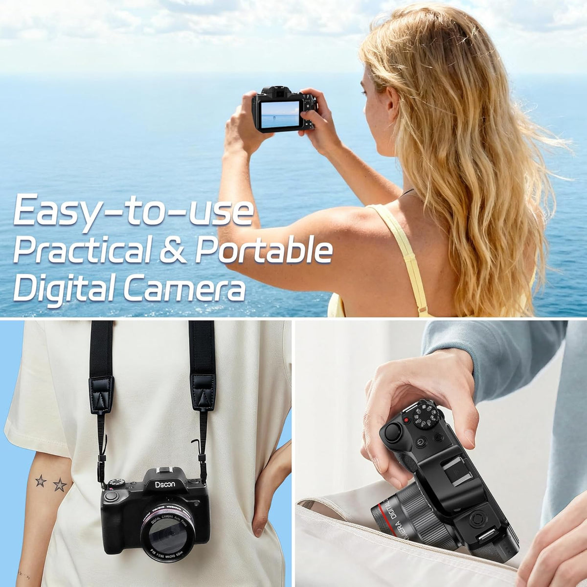 Dsoon Digital Camera,4K 64MP Cameras for Photography with 4”0 Touch Screen,18X Digital Zoom Autofocus Photography Shoot Camera with Dual-Lens,2 Batteries,64GB TF Card,Lens Hood