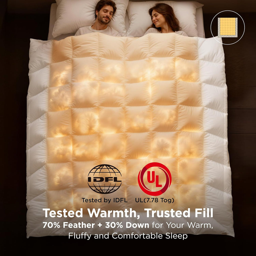 Bedsure Feather Down Comforter King Size, Luxurious Fluffy Hotel Duvet Insert with Storage Bag & 8 Corner Tabs, PureWoven Ultra Soft Cotton Blend Fabric, All Season Comforter, 106x90 Inches, White