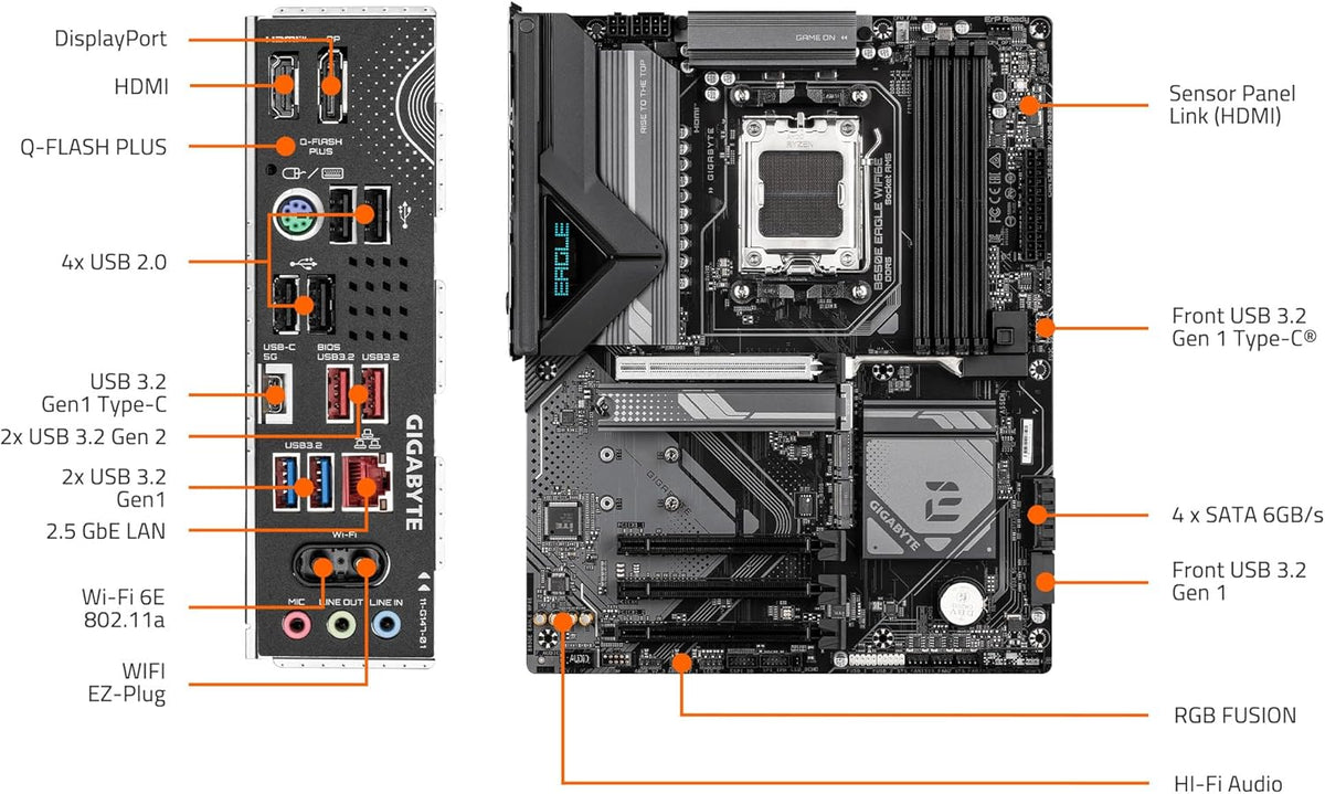 GIGABYTE B650E Eagle WIFI6E AMD AM5 ATX Motherboard, Supports Ryzen 9000/8000/7000 Series, DDR5, 8+2+2 Power Phase, 3X M.2, PCIe 5.0, USB-C 3.2 Gen 1, Wi-Fi 6E, 2.5GbE, Q-Flash, EZ-Latch, RGB Fusion