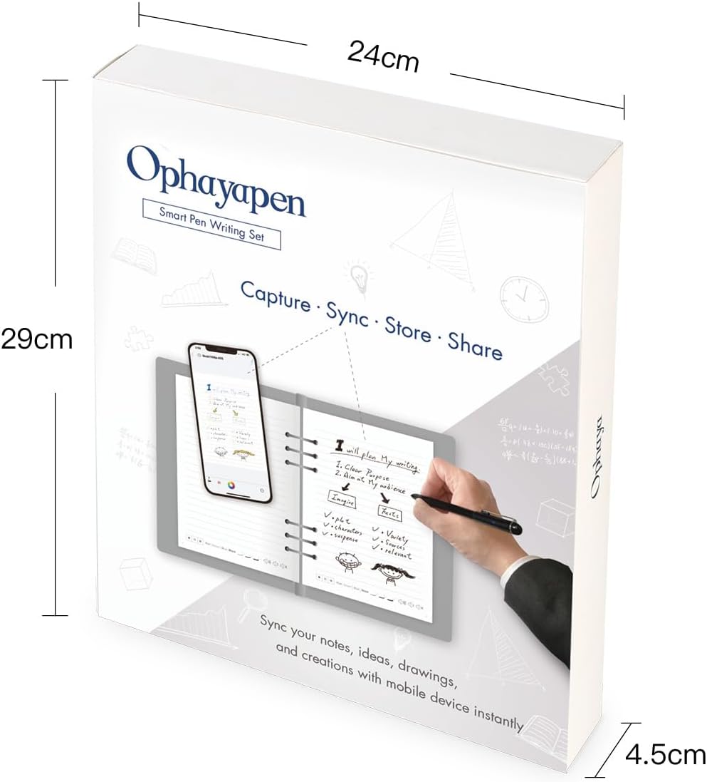 Ophayapen Smart Sync Pen for Note Taking with Notebook and Writing Board,Real-time Sync for Digitizing,Convert to Text,Storing,Sharing Paper Notes via APP on Smartphone & iPad (Android and iOS)