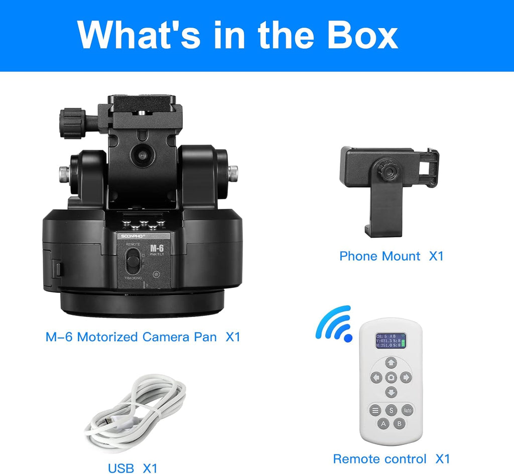 Soonpho M6 Auto Face Tracking Motorized Rotating Panoramic Tripod Head,AI Smart Face Body Tracking Remote Control Pan Tilt Head with Remote Control and Mobile Phone Clip for DSLR Cameras/Camcorders