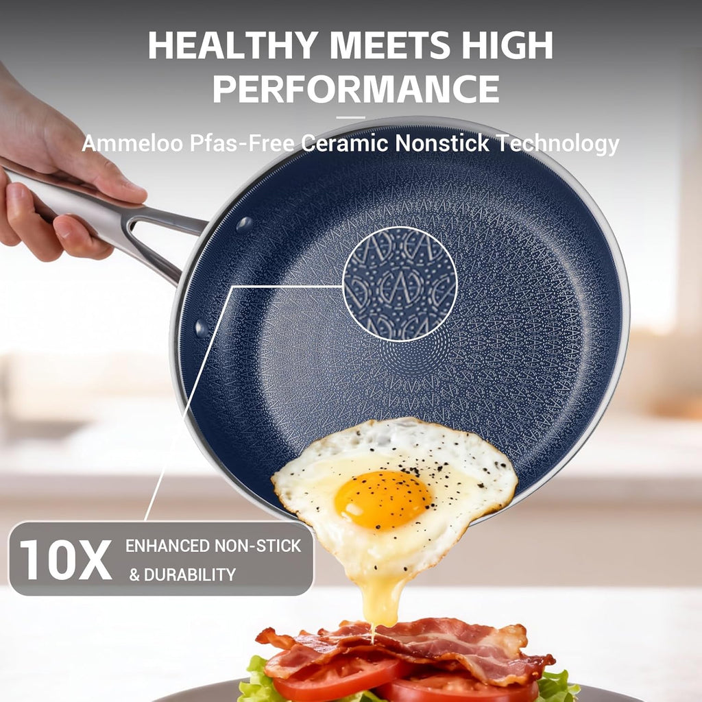 Ammeloo Hybrid Stainless Steel Cookware Set, 17-Piece Tri-Ply Pots and Pans Set Non Stick, Induction Kitchen Cookware Sets, Dishwasher & Oven Safe, PFOA Free, All Cooktops Compatible, Navy Blue