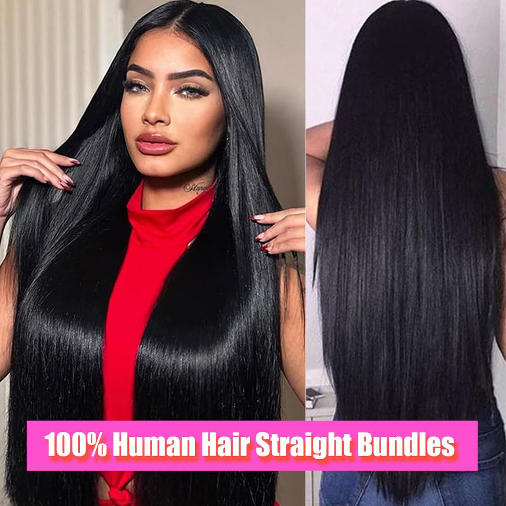 Straight Bundles Human Hair 22 24 26 28 Inch 4 Bundles Straight Hair 12A Double Weft 200% Density Hair Extensions for Women 100% Unprocessed Virgin Human Hair Weave Natural Color Black