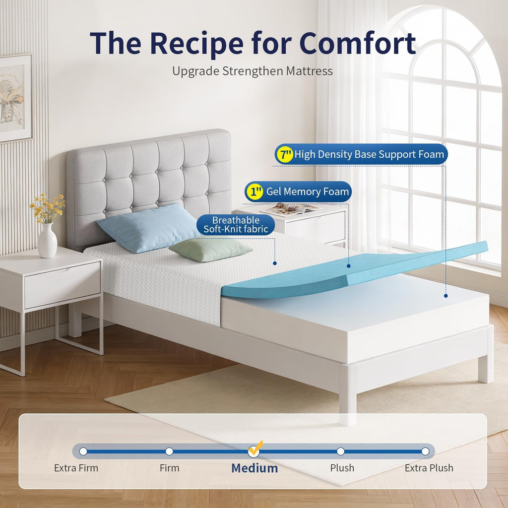 FDW | 8 Inch Twin Mattress | Medium Firm | Gel Memory Foam Mattress | White | Bed in a Box, CertiPUR-US Certified | Pressure Relief, Cooling Ventilated Foam | Washable Removable Cover