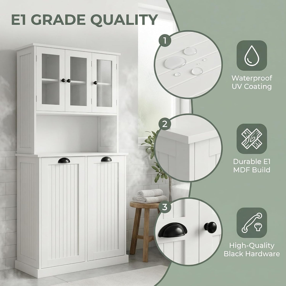 Laundry Room Storage Cabinets with Tilt-Out Double Doors, Laundry Cabinet with 2 Removeable Non-Woven Bags and Glass Doors 60” Tall Bathroom Cabinet with Adjustable Shelves (White)