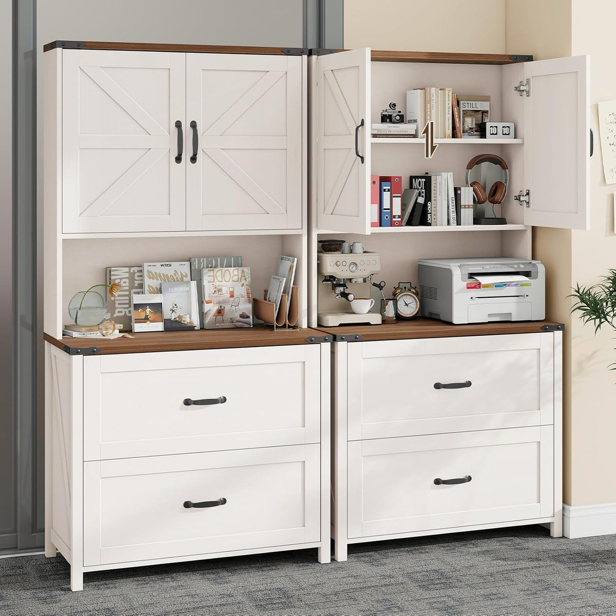 Halitaa Farmhouse 2 Drawer Lateral File Cabinet, Hanging File Storage for Legal/Letter/A4 Size, Adjustable Shelves, Printer Stand with Bookshelf, Rustic White Wood Cabinet for Home Office