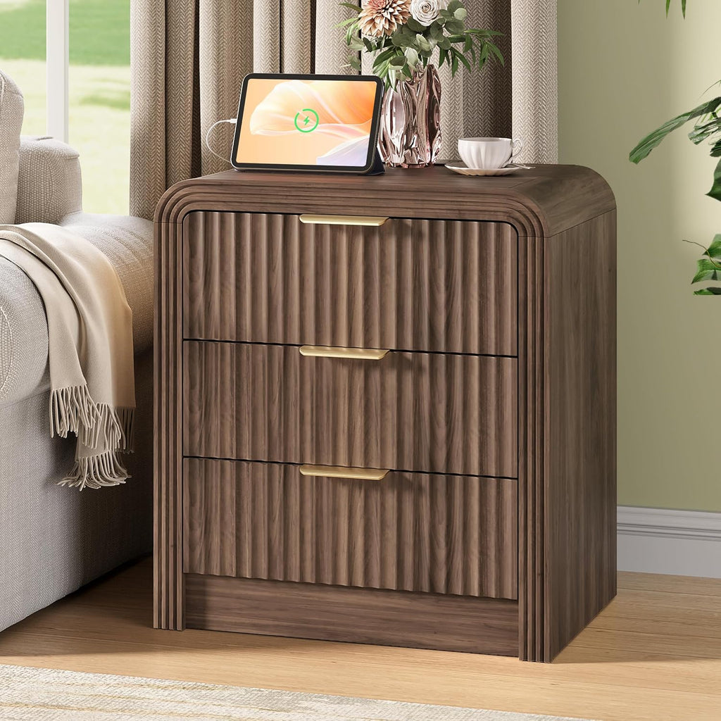 Decofy Fluted Nightstand with Charging Station, Modern Bedroom Side Table with Gold Handles, Curved Profile Design, End Table Wood Organizer for Bedroom, 19.7" & 3 Drawers (2 Pack, Walnut)