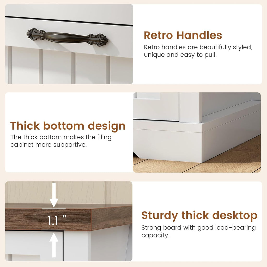 SEDETA 3 Drawer File Cabinet, Farmhouse Filing Cabinet for Home Office, Wood Office File Cabinets for Letter/Legal/A4 Size, Lateral File Cabinets with Printer Stand, White + Brown