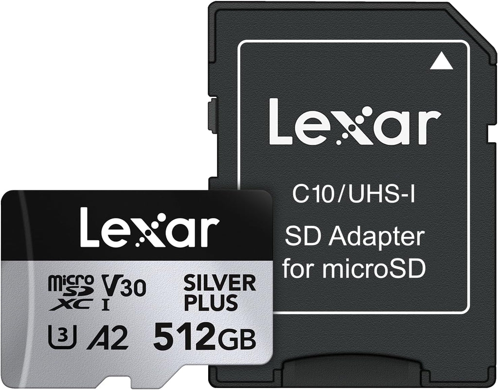 Lexar 512GB Professional Silver Plus Micro SD Card, UHS-I, C10, U3, V30, Full HD & 4K, Up to 205/150 MB/s microSDXC Memory Card, for Videographers, Gamers (LMSSIPL512G-BNANU)