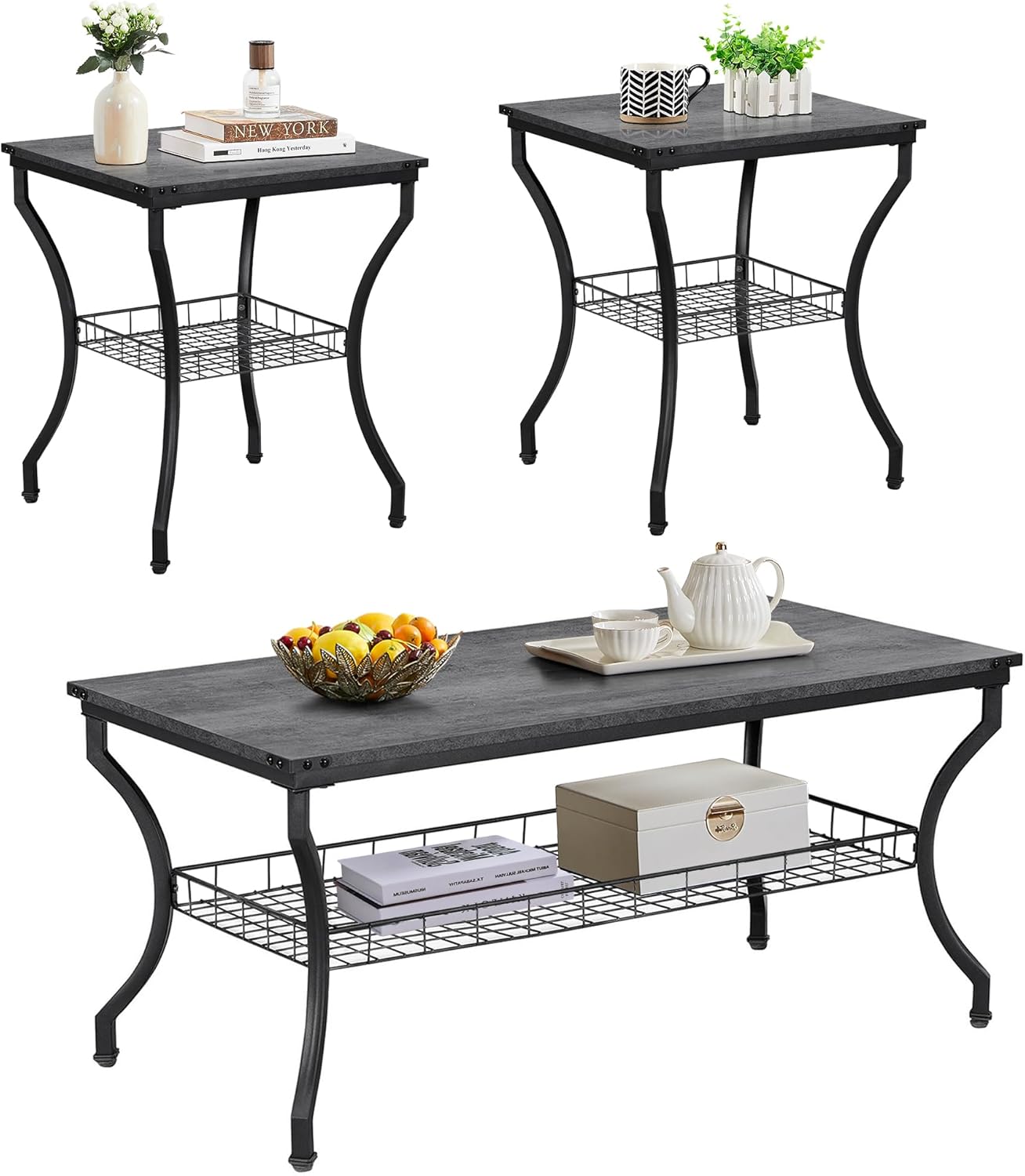 VECELO 3 Pieces Living Room Table Sets, Coffee and End Tables with Open Storage Shelves for Apartment, Home Office, Small Space, Easy Assembly, Dark Grey
