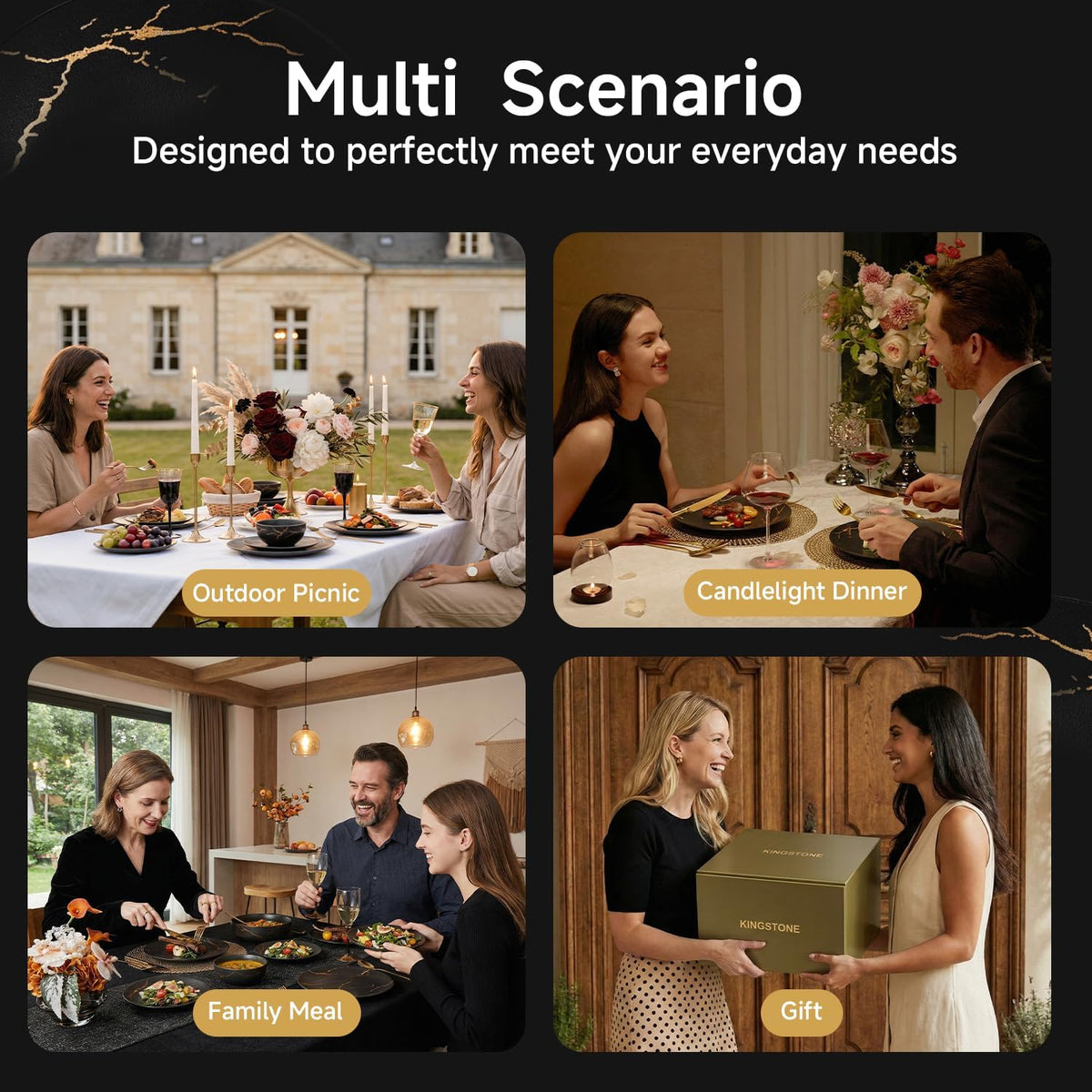 KINGSTONE Dinnerware Sets for 8, Black & Gold Plates and Bowls Sets Matte Vein Dish Set, Modern Luxury Tableware Dinner Salad Plate bowl, for Home Wedding Party Gifts (24 Piece)