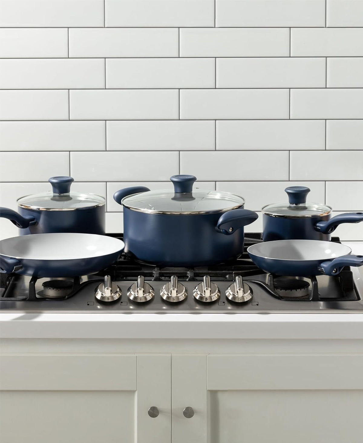 T-Fal Ceramic Nonstick Cookware Set, Oven Safe Up to 350ºF, 12-Piece, Includes Stockpot, Frying Pans, Utensils, Ceramic Pots and Pans Set, Dark Blue