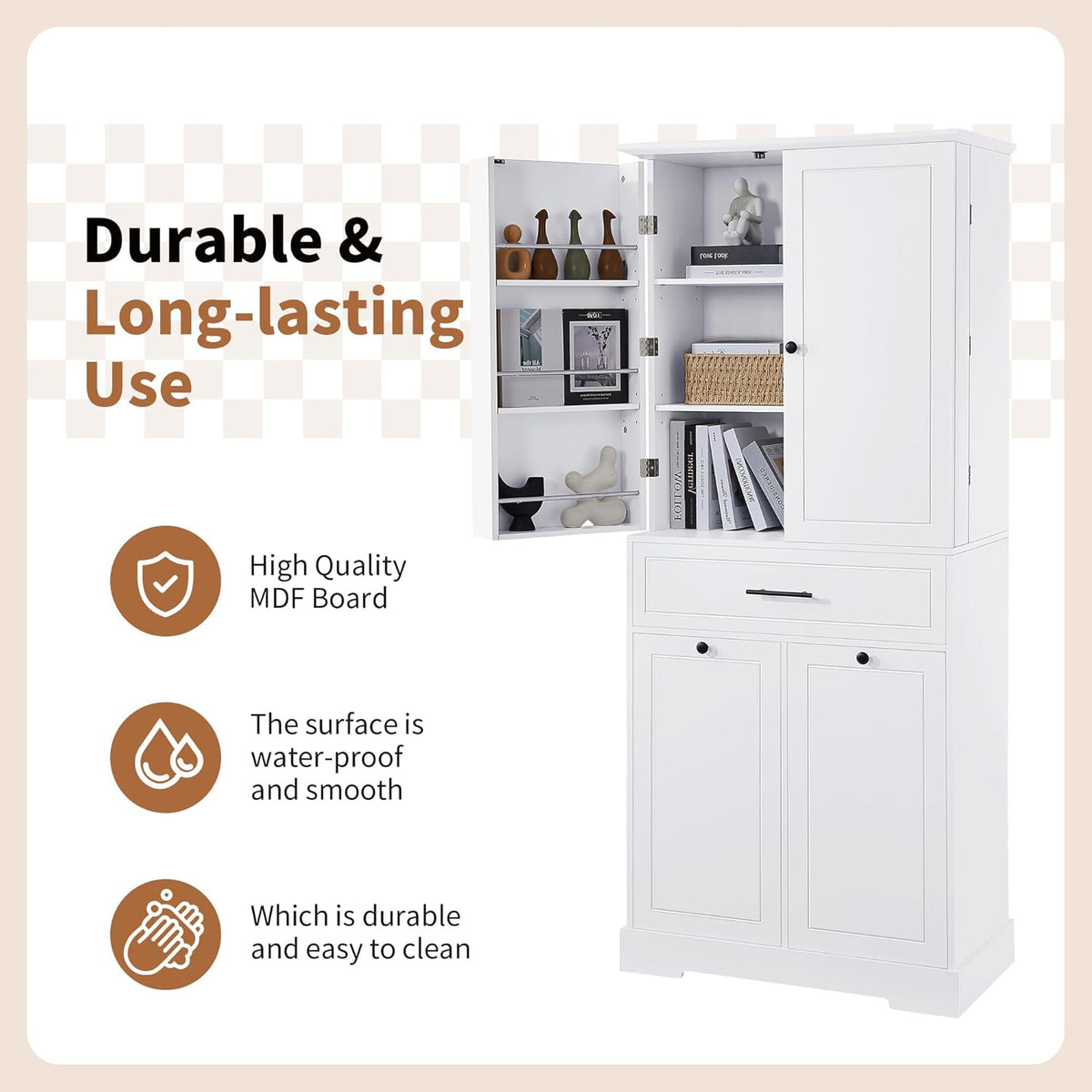 Tall Storage Cabinet Pantry Cupboard with Laundry Hamper and Door Rack Organizer for Bathroom, Kitchen or Enterway, Adjusatble Shelf, White