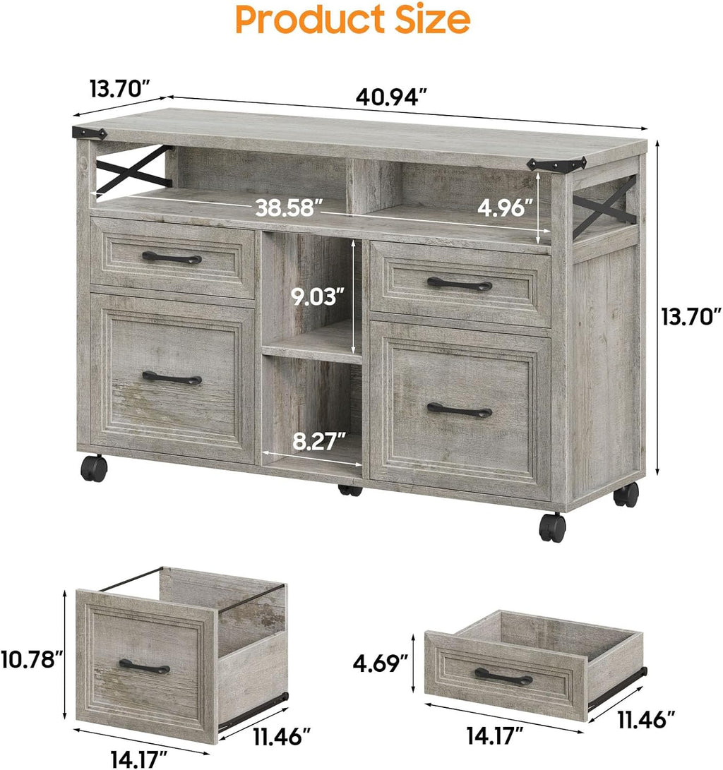 Vabches Farmhouse Filing Cabinet with Adjustable Shelf & Wheels, Lateral File Cabinets, Office Storage Cabinet with 4 Drawers and Open Storage Space, for Hanging Files Letter/A4, for Home Office.Grey