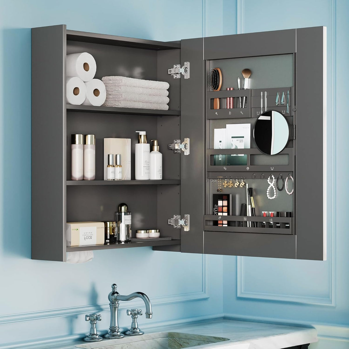 VANIRROR Bathroom Cabinet - Large Single Door 24x30 inchs Wall Cabinet Mirror Medicine Cabinet with Facial Tissues Slot and Multifunctional Storage Area