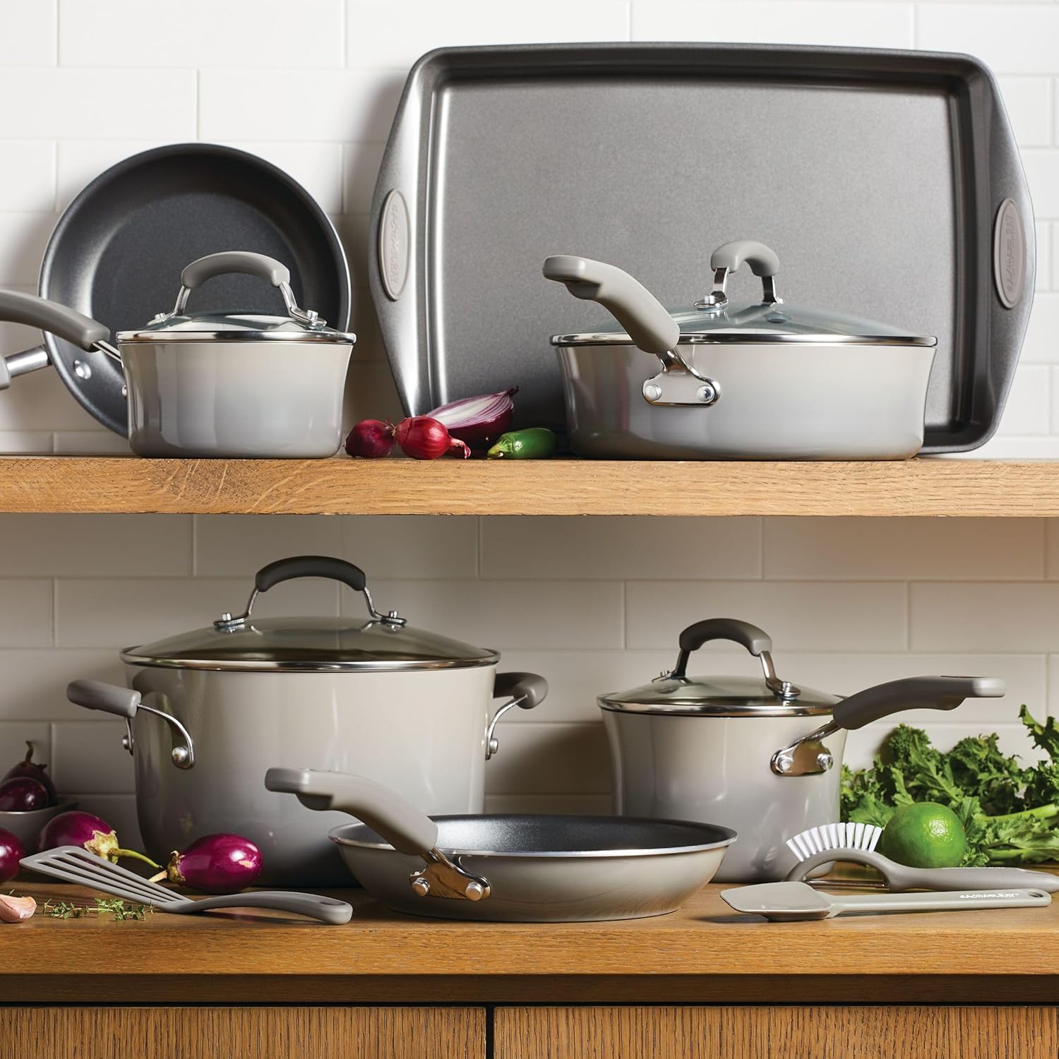 Rachael Ray Brights Nonstick Cookware Pots and Pans Set, 14 Piece, Sea Salt Gray