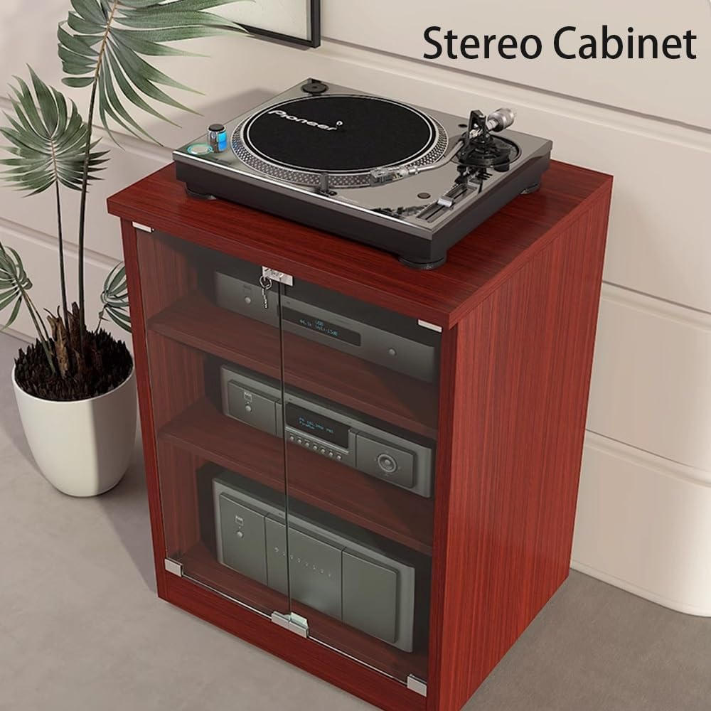 2-Tier Media Storage Cabinet, Wooden Audio Video Media Stand, Modern AV Cabinet with Tempered Glass Doors, Entertainment Stereo Component(Black)