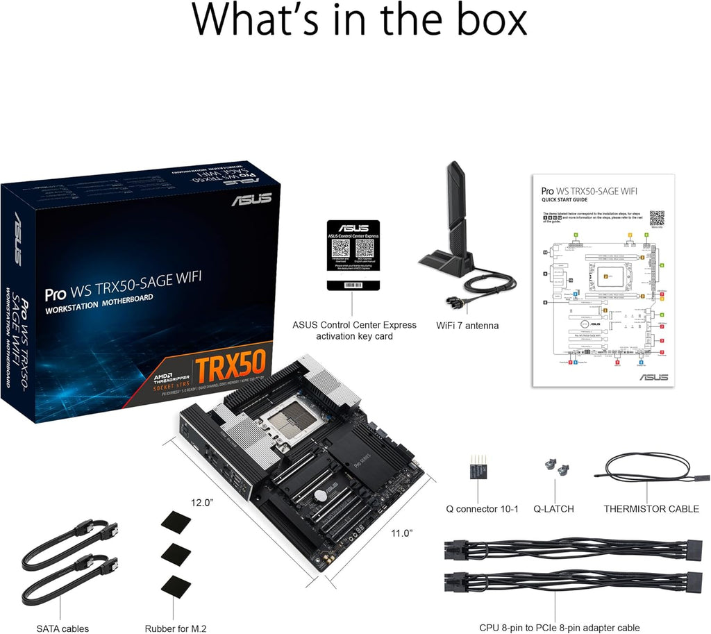 ASUS Pro WS TRX50-SAGE WIFI CEB Workstation motherboard, AMD Ryzen Threadripper PRO 7000 WX,ECC R-DIMM DDR5, 36 power-stage, WiFi 7,PCIe 5.0 x 16,PCIe 5.0 M.2, 10 Gb and 2.5 Gb LAN, multi-GPU support.