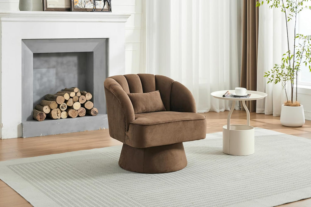 GarveeHome Modern Swivel Barrel Accent Chair, 360 Degree Velvet Upholstered Armchair with Striped Backrest & Plush Padding, Comfy Round Lounge Chair for Living Room, Bedroom, Reading Nook, Brown