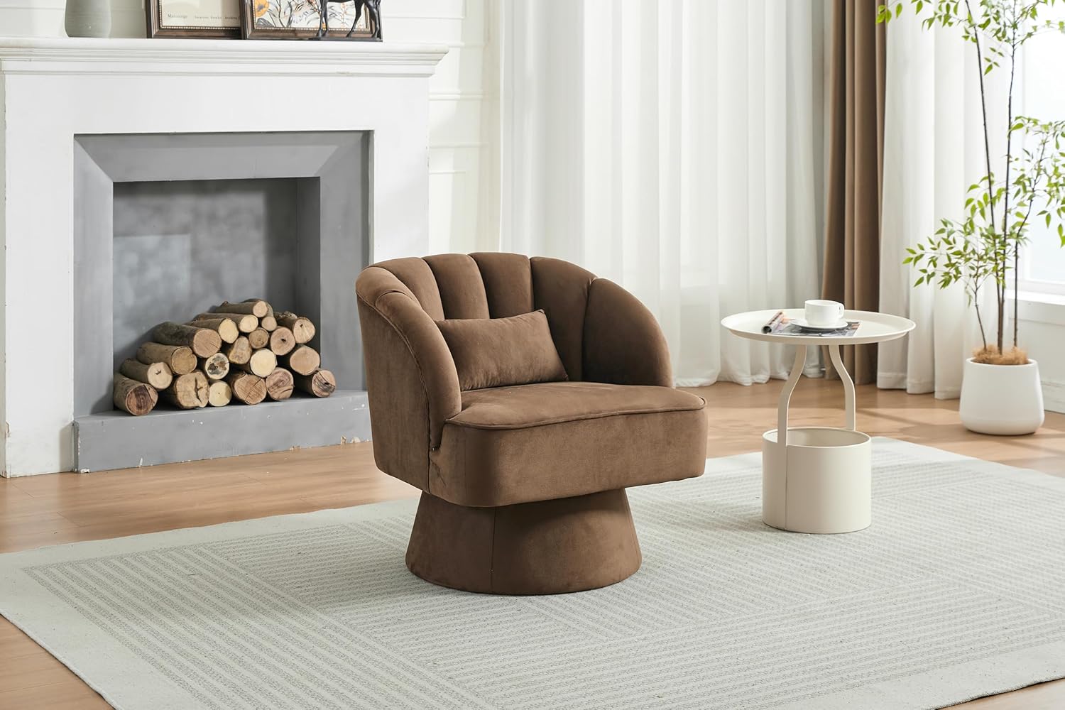 GarveeHome Modern Swivel Barrel Accent Chair, 360 Degree Velvet Upholstered Armchair with Striped Backrest & Plush Padding, Comfy Round Lounge Chair for Living Room, Bedroom, Reading Nook, Brown