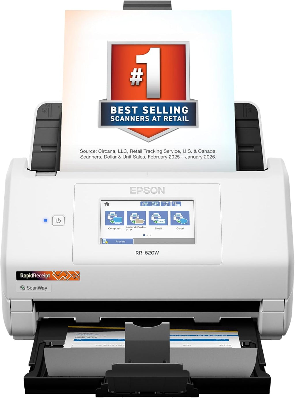 Epson RapidReceipt RR-620W Wireless & USB High-Speed AI & Cloud Ready Desktop Color Duplex Receipt & Document Scanner for Mac & PC, up to 45 ppm, 4.3" Color Touchscreen, 100-Page Auto Document Feeder