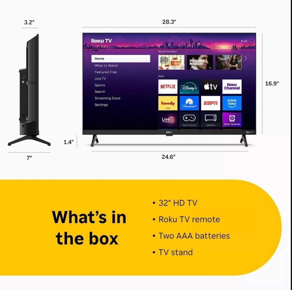 Roku Hiro TV 32" 720p HD Smart TV Flat Screen LED Television TV and Dolby Audio for Streaming, 3X HDMI Ports, with Wi-Fi & Bluetooth - H32C2C4 (Renewed)