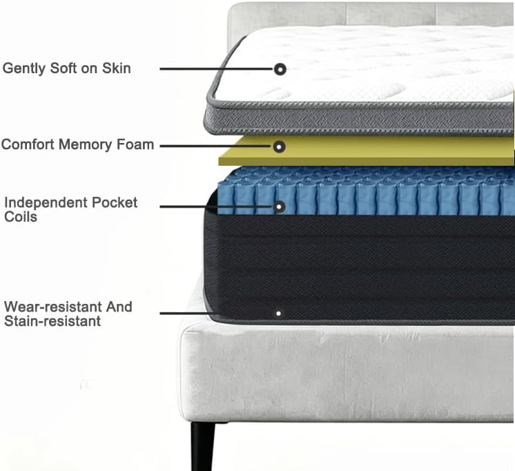 Queen Size Mattress, 10 Inch Plush Comfort, Pocketed Coil Mattress in a Box, 60x80 Inch Queen Bed Mattress with Supportive Quiet Design